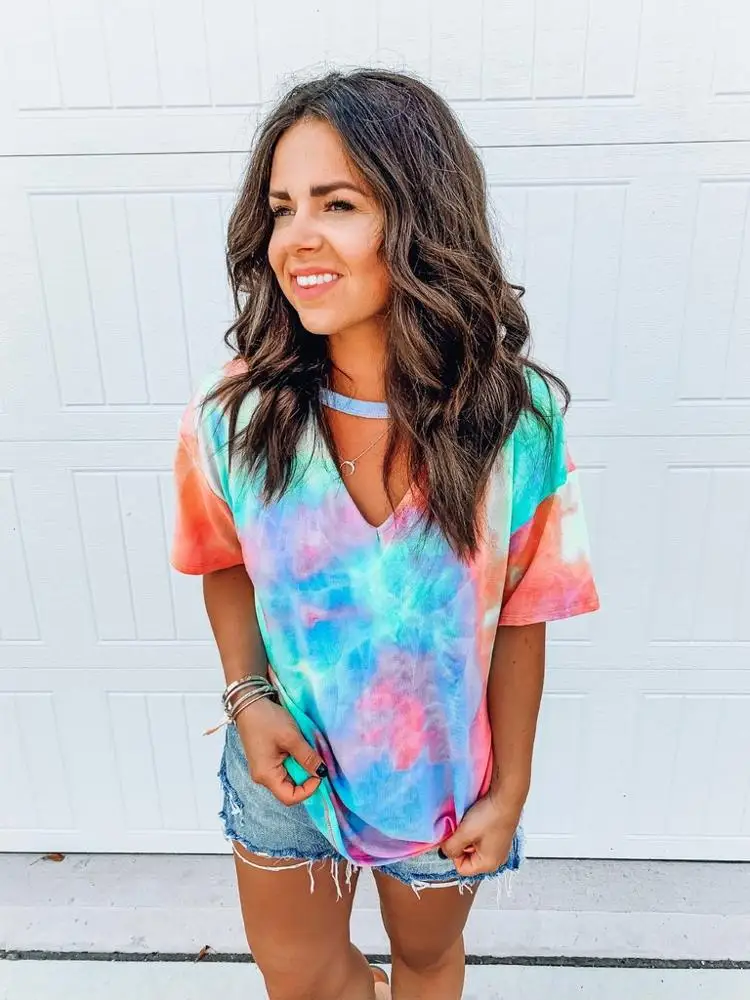 
2020 New Style Women Tops Vintage Blouse Tie Dye V Neck Crop Top Tunic Women Blouse and Tops 