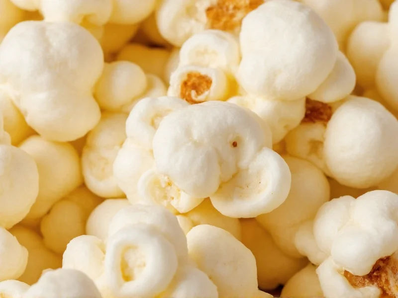 Close-up of popcorn kernels showing perfect white mushroom shape
