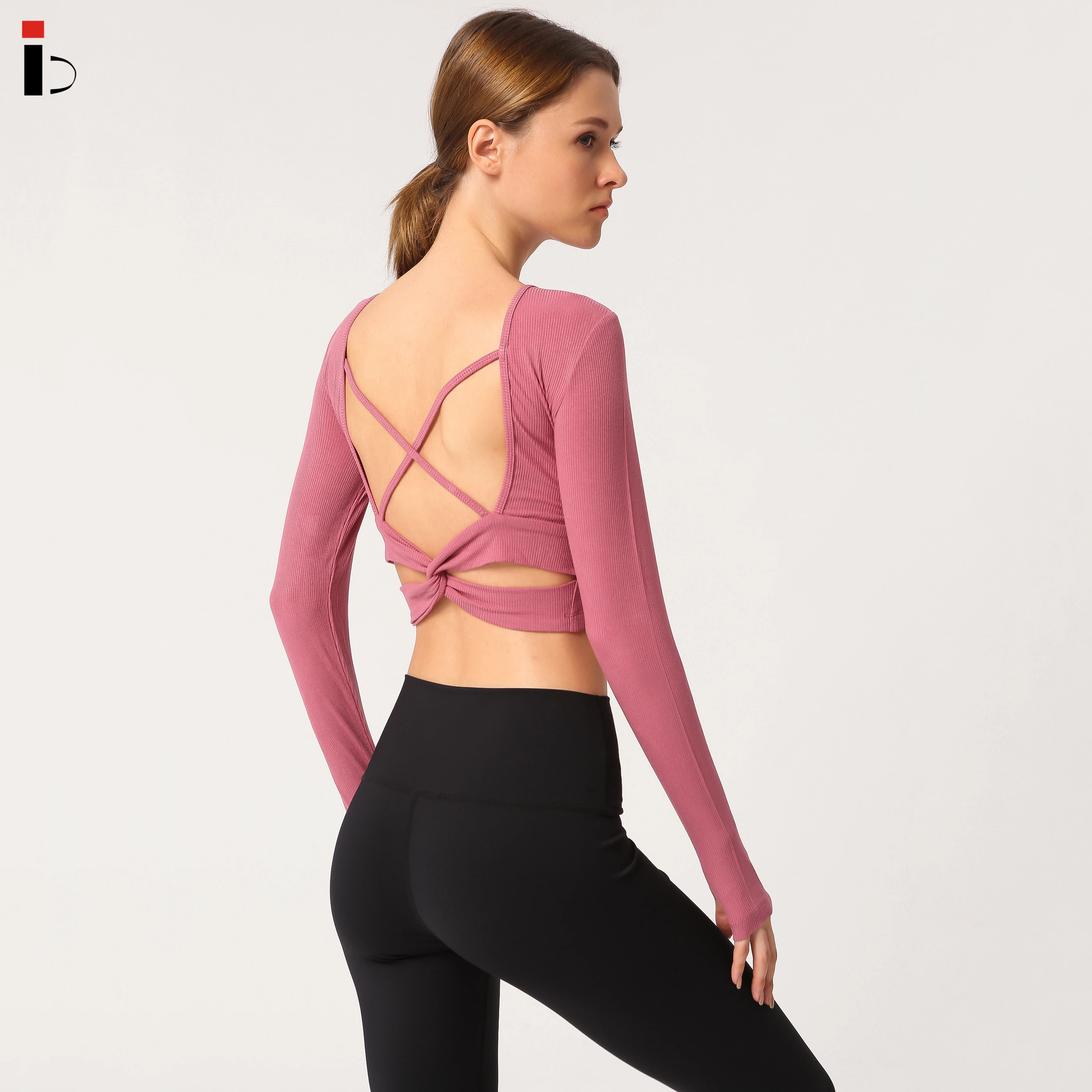 

In Stock Wholesale Sexy Long Sleeves O- neck With Padds Breathable Elegent Cross Back Women Yoga Top