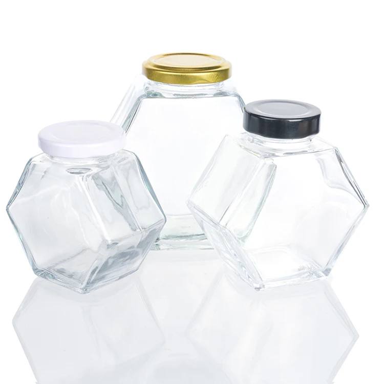 

Free Sample 220ml Empty Glass Hexagonal Honey Pot Jar With Metal Lid For Home Kichen