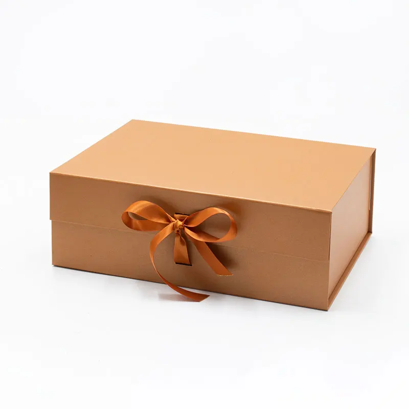 

Luxury copper color magnetic closure clothing packing box with ribbon