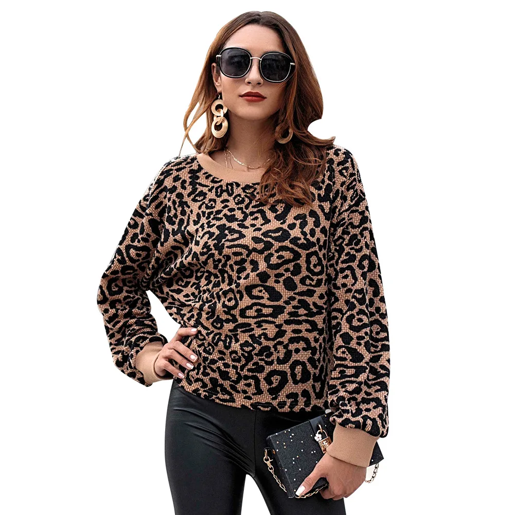 

fashion factory wholesale crew neck print leopard loose knit pullover sweater de mujer