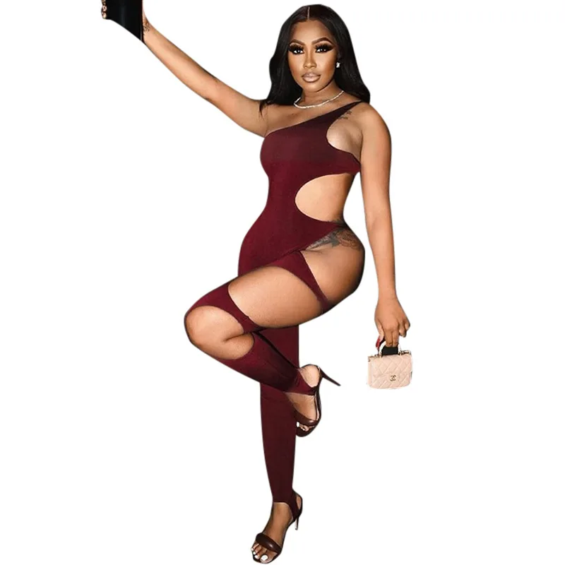 

Women's Fashion Design Cloth Solid color Irregular Neck Romper One-shoulder Tight Ripped leg Woman Clubwear Jumpsuit