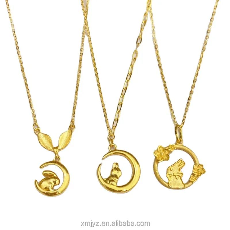 

Certified 5G Gold Moon Rabbit Necklace New Pure Gold 999 Zodiac Rabbit Ear Set Chain Jade Hare Moon-Looking Necklace