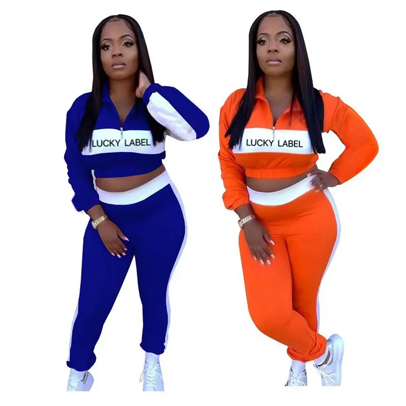 

2021 Fall Long Sleeve High Waist Pants Crop Top Two 2 Pieces Jogger Set Women