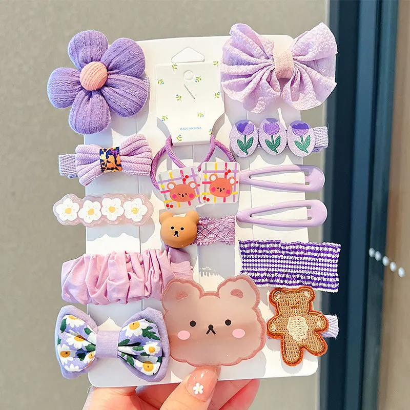 

New Design Kids Hair Accessories Girls BB Clip Hair Rope Flower Animal Bow Hairgrips 15 Pcs/set Fabric Not hurting Hair Clip Set