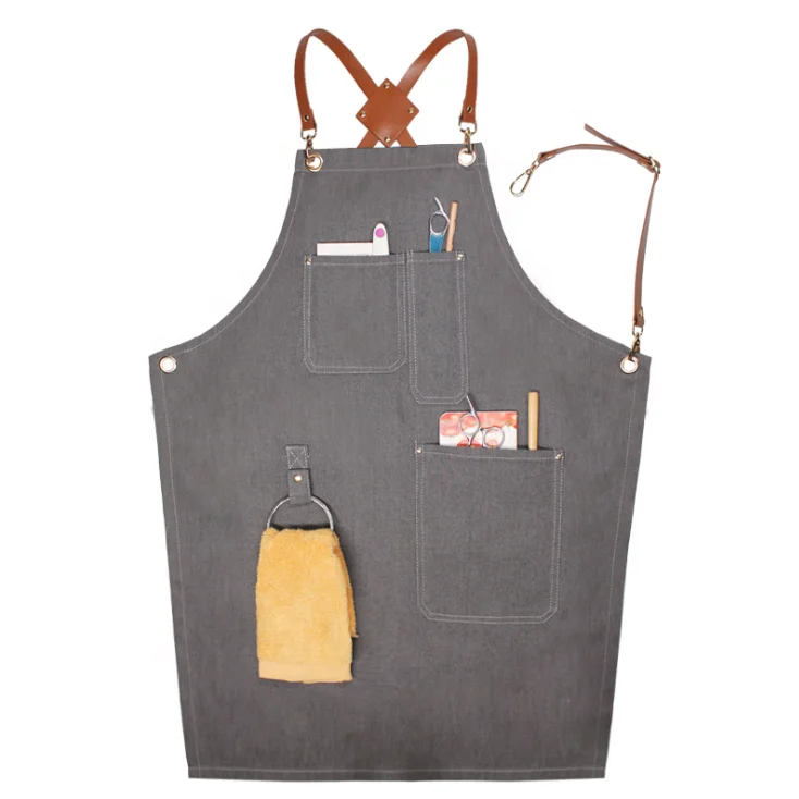 

Denim Apron With Leather Strap Unisex Adjustable Denim Jean Barber Apron With Pockets For Women Men, Can be customized