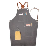 

Denim Apron With Leather Strap Unisex Adjustable Denim Jean Barber Apron With Pockets For Women Men