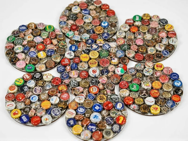 Upcycled bottle cap coasters arranged in circular pattern