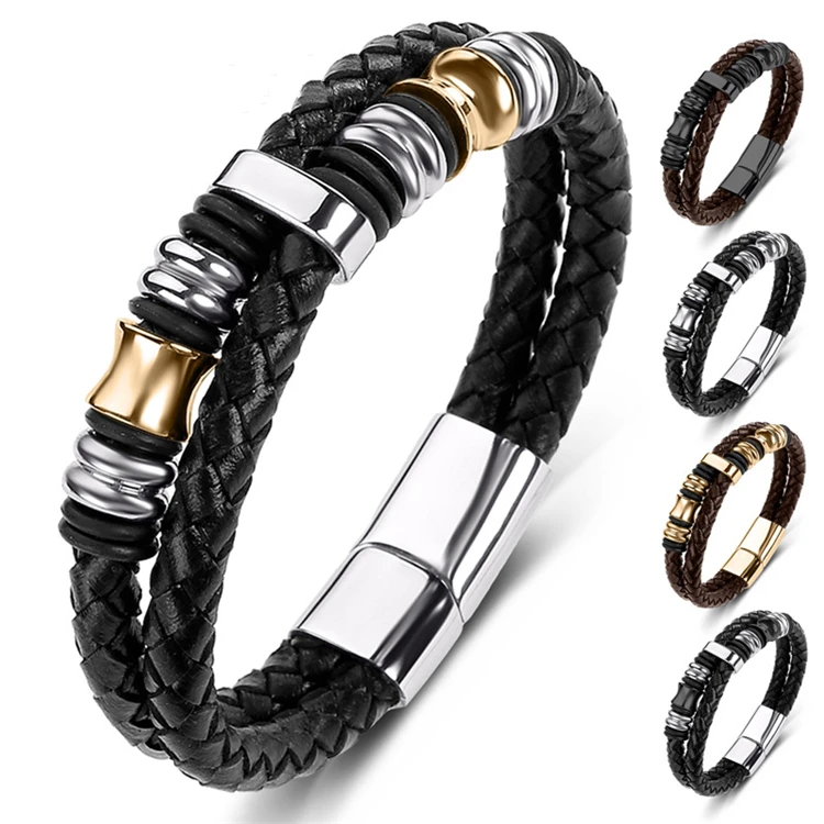 

Wholesale Stainless Steel Magnetic Bracelet Clasp Black Genuine Leather Bracelet Men Unisex, Black color