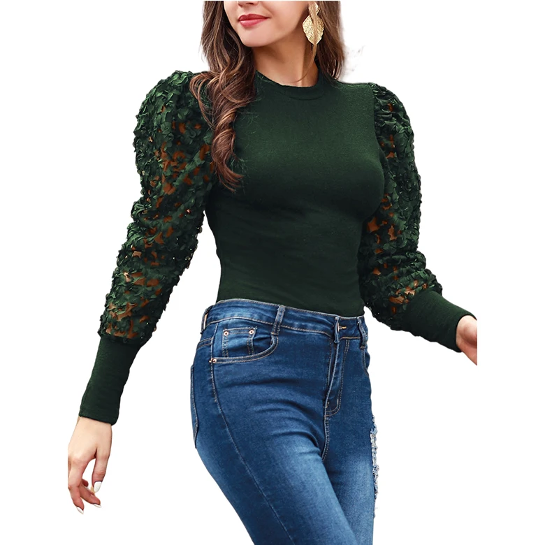 

New arrival Autumn Spring O-Neck Long Sleeve Ruffle Contrast Lace Elegant Ladies Wear Chiffon women Blouses