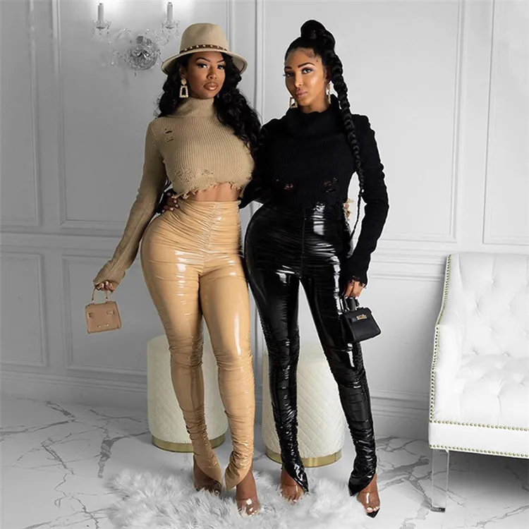 

Winter 2021 Custom Logo women clothes high waist women's trousers & pants fashion pu leather pants stacked pants, Mix color or custom colors