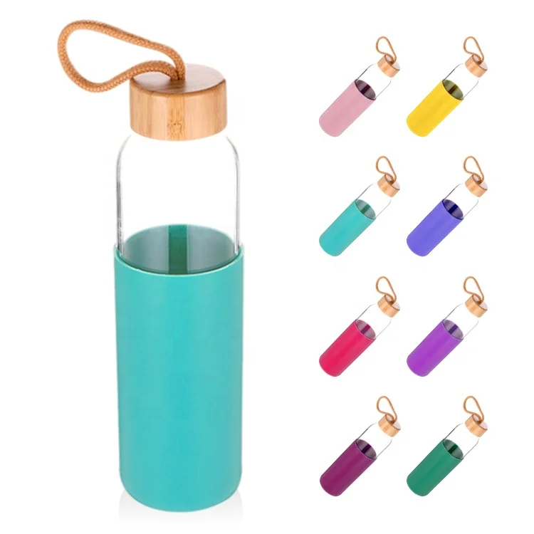 

550ml borosilicate bamboo lid glass water bottle with silicone sleeve