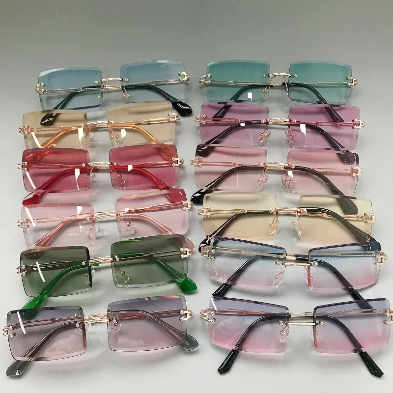 

Fashion 2022 small square rimless sunglasses diamond cutting sun glasses for Women, 18 colors