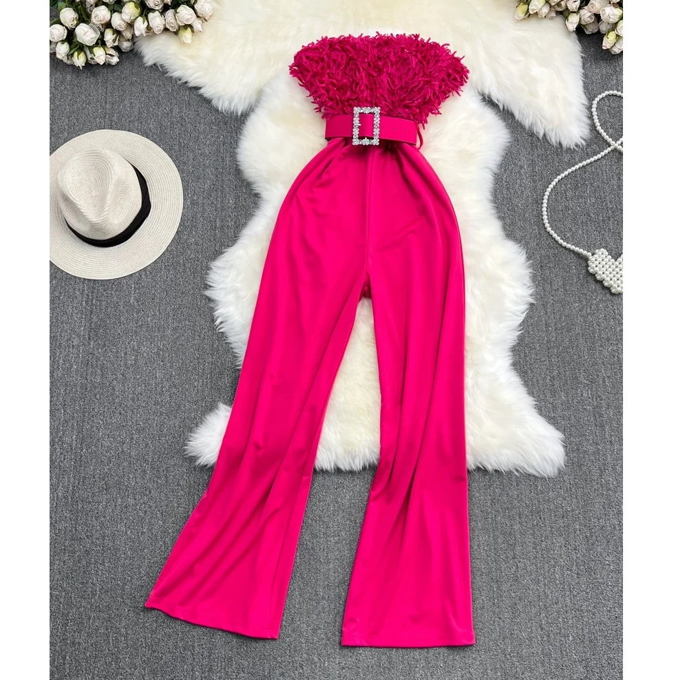 

Summer Fashion Sexy Feather Splicing Breast Splice High Waist Wide Leg Jumpsuit Women