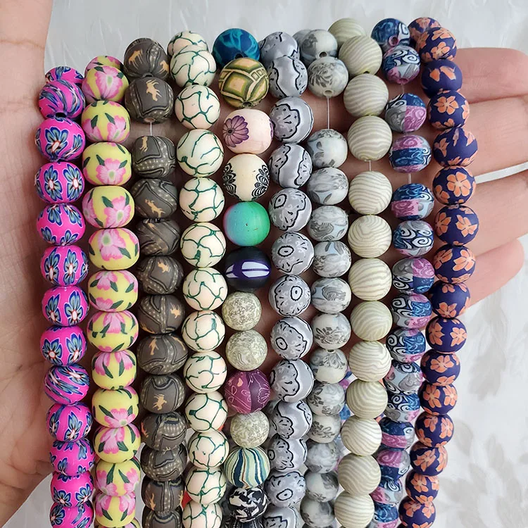 

Popular Vintage Rainbow Multicolor Colorful Flower Floral Pattern Polymer Clay Vinyl Round Ball Beads Polymer Clay Jewelry Beads