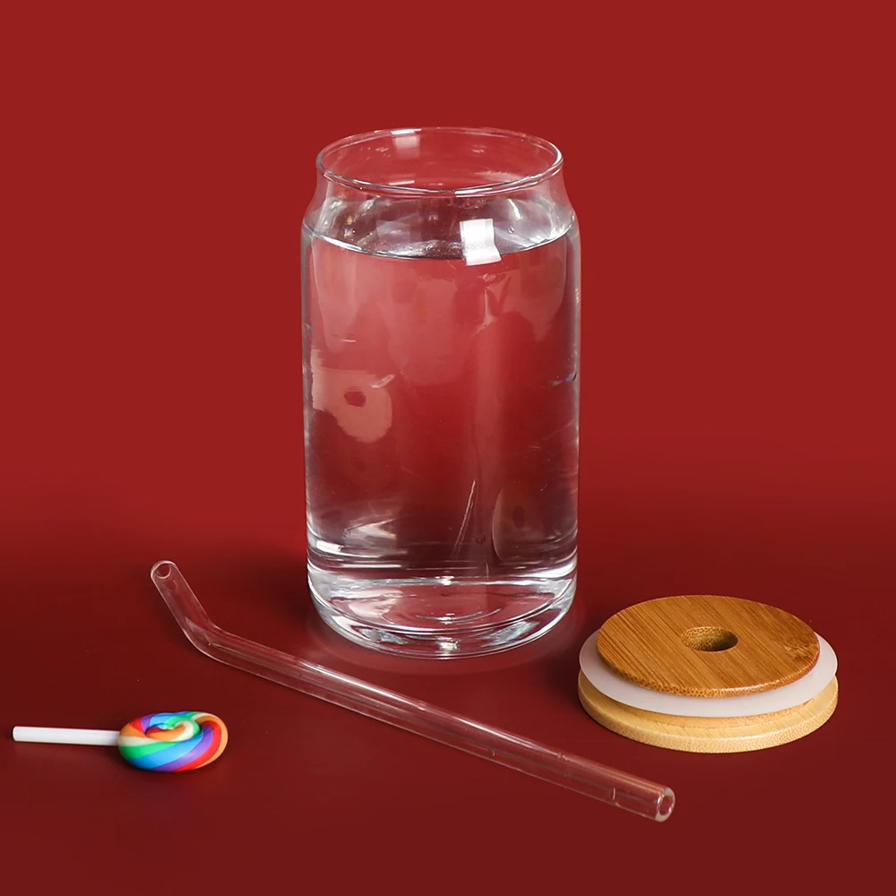 

Classic blank clear can mini water cup beer can shaped glass with bamboo lid and straw, Transparent clear