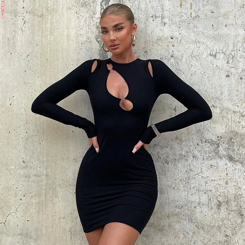 

Bomblook Y21DS443 Sexy Fall Dress Hollow Out Solid Color Round Neck Long Sleeve Clubwear Bodycon Women Dress