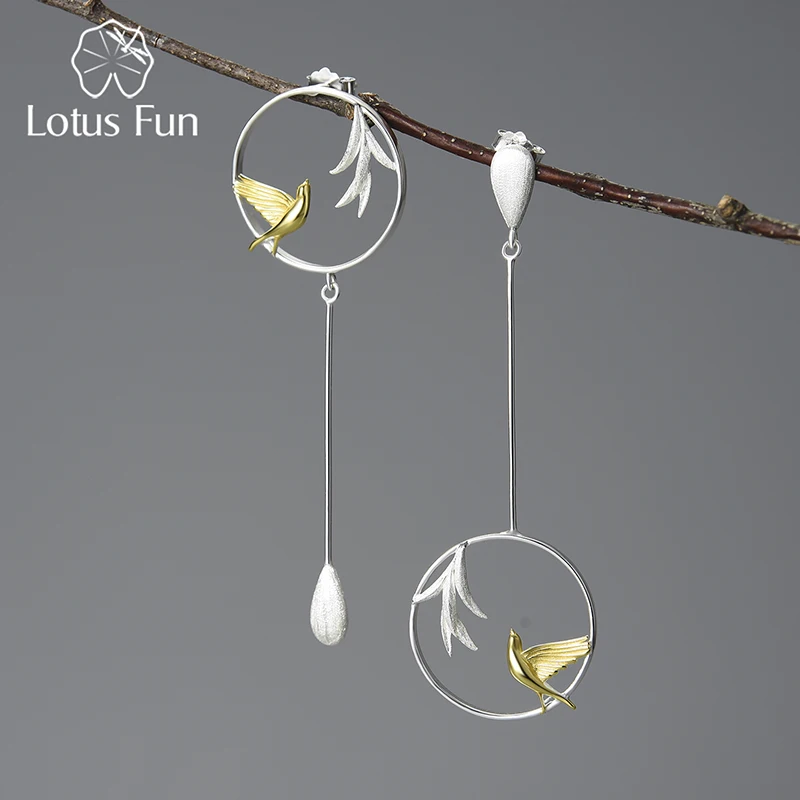 

Lotus Fun Real 925 Sterling Silver the bird earrings Asymmetrical Dangle Earrings for Women Fine Jewelry