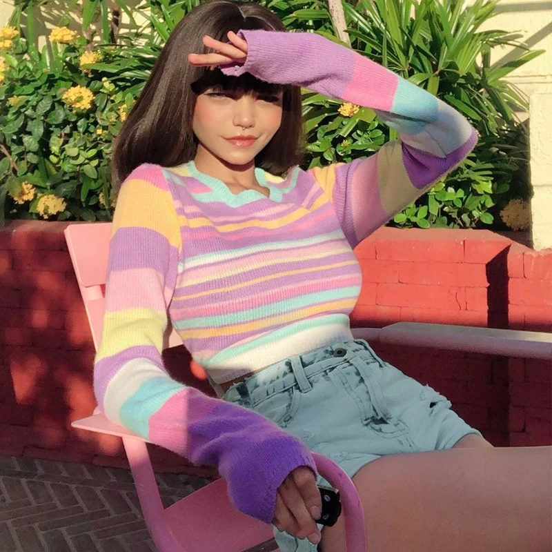 

2020 fall women sweater O-neck candy Sugar colored striped knitted crop top cute girl's sweater long sleeves ladies crop tops, White/oem