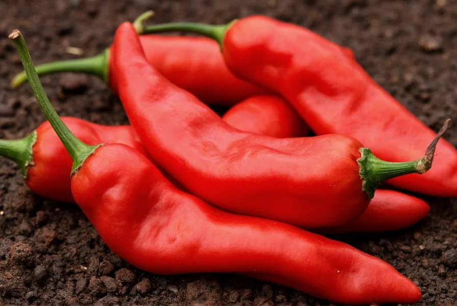 Close-up view of rock pepper fire chili peppers showing their distinctive wrinkled texture and vibrant red color against dark soil