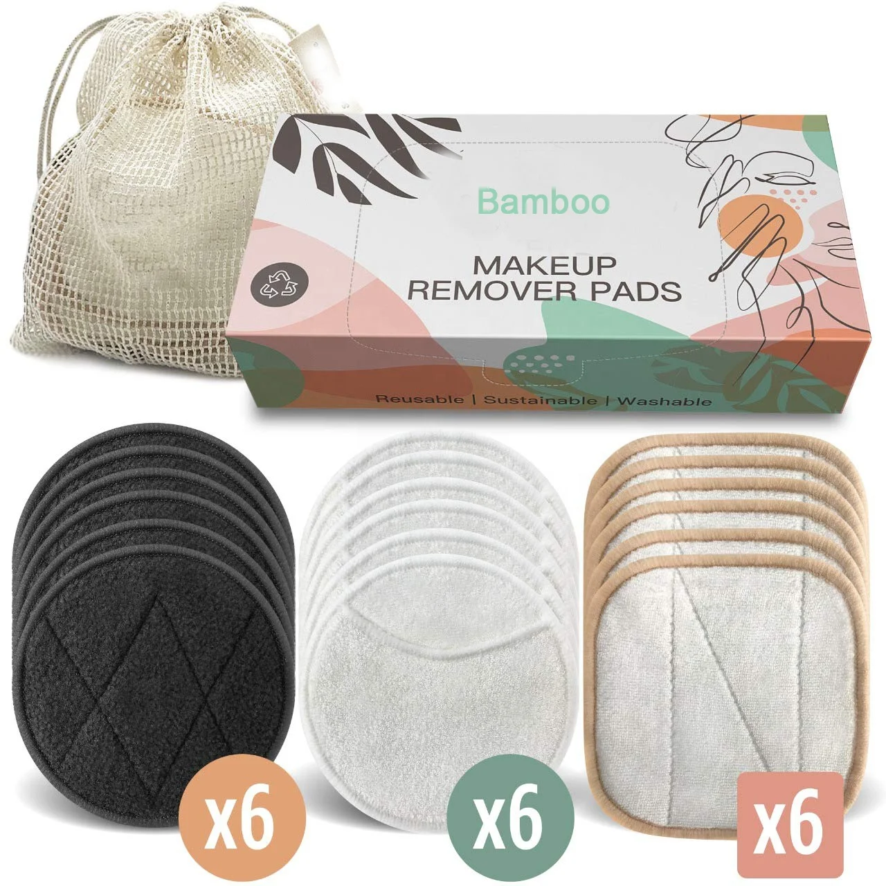 

Reusable Organic Bamboo Makeup Remover Pads Washable Eco friendly, Natural color