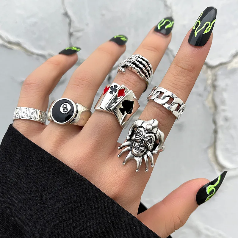 

Vintage Punk Skull Ghost Claw Poker Joker Number 8 Geometric Ring Set Jewelry For Women