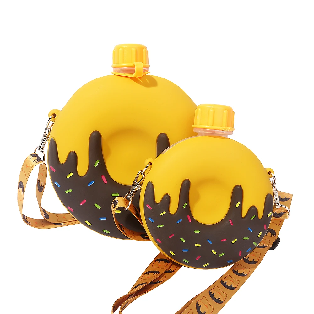 

2021 new design travel water bottle BPA Free Donuts kids Bottle with Shoulder Strap, Yellow ,blue ,rose red
