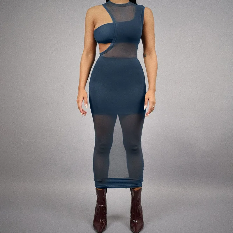 

casual girl sexy long sleeveless dress hollow out stitching mesh dress for summer, Black blue
