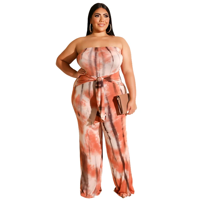 

19378 Cross-border European and American Amazon new tie-dye print wrapped chest straight sexy plus size jumpsuit, Gray, orange