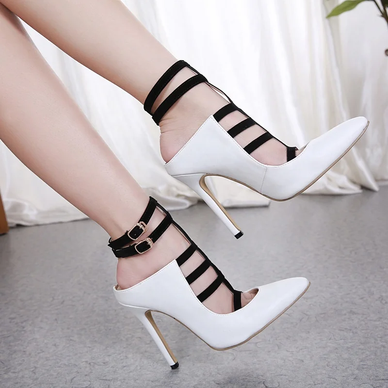 

Sexy Pointed Toe Spring New Stiletto High Heels Shoes 2021 Color Matching Patchwor White Black Suede PU Strap Dress Pumps Sandal