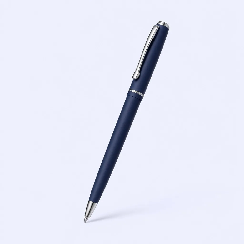 Navy blue ballpoint pen with a fine chrome center band