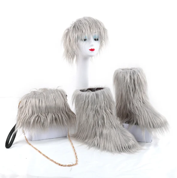 

Solid color three piece set 2020 new hip hop women's hand bag elastic hair bands artificial wool fashion medium tube snow boots, Picture color