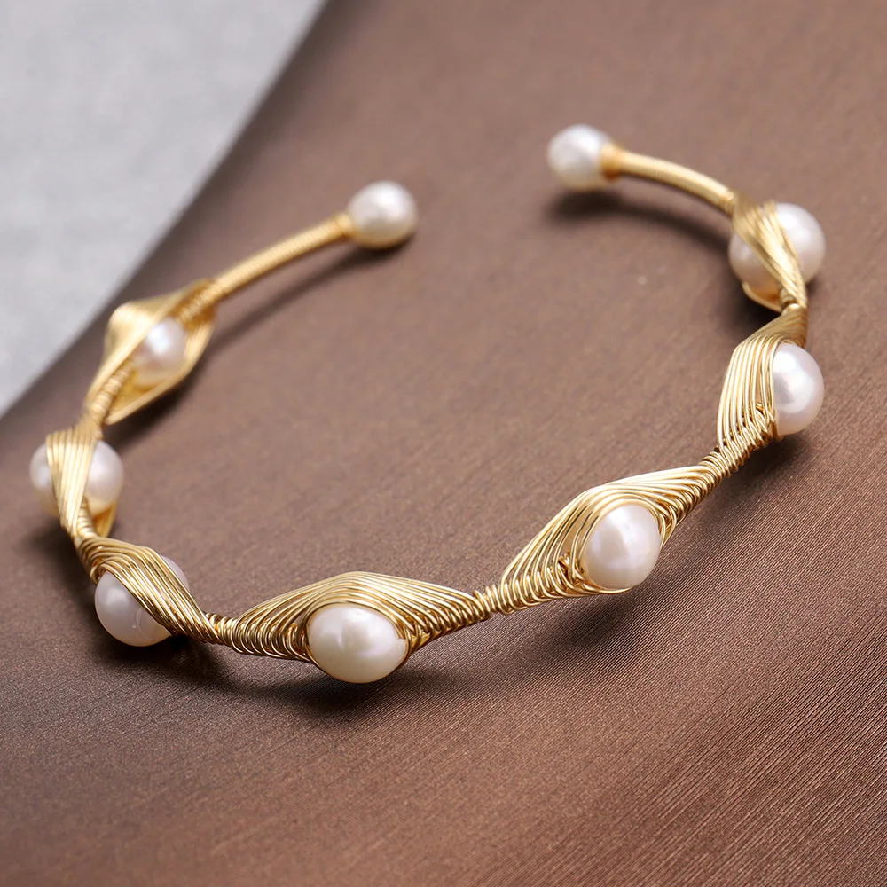 

LS-E960 natural wire wrapped white pearl Bracelet with gold handmade beads Bangle woman fashion wedding Bracelet Jewelry Gift