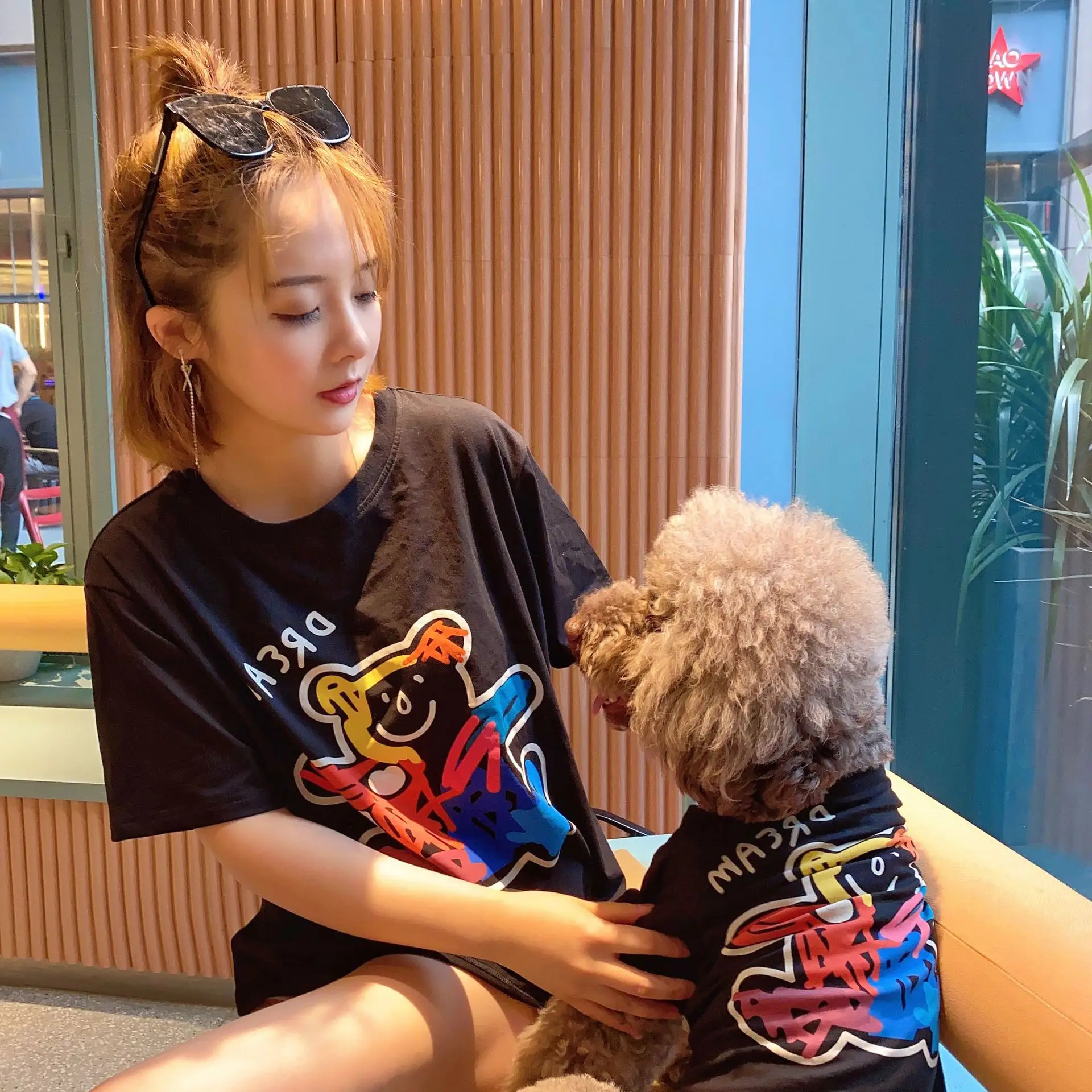 

summer pet parent-child clothes tide brand bear net red dog t-shirt for Teddy Corgi puppies large dog, Black,white