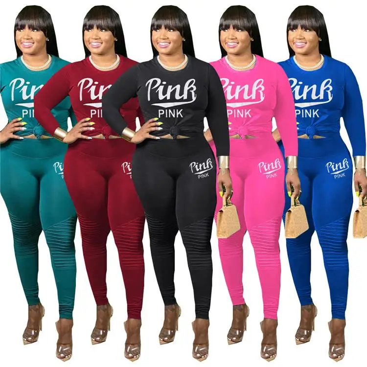 

Wholesale Casual Lady Letter Print T-shirt And Skinny Pants Plus Size Fall Women 2 Piece Set, Picture