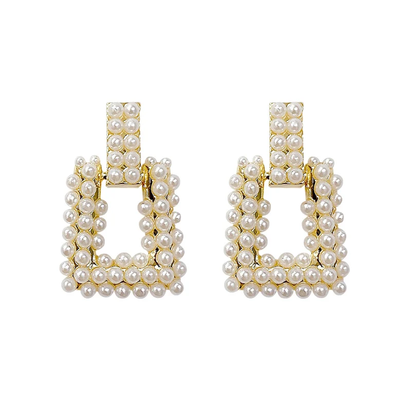 ED87505 Fashion design gold plated brass women jewelry pearl rectangle hoop earrings