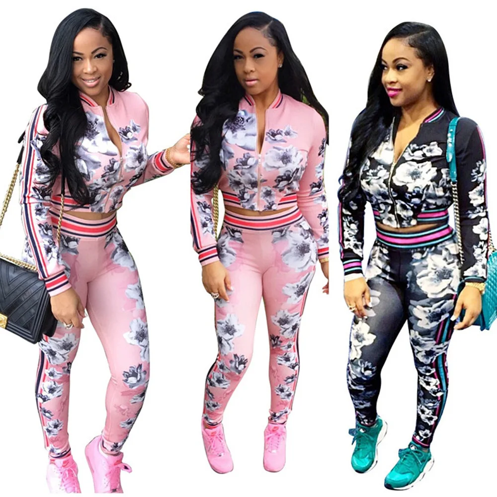 NY6001 Floral Print Women Tracksuit Two Piece Set Crop Top and Pants Suit Cute Jogger Set Casual Sweat Suits