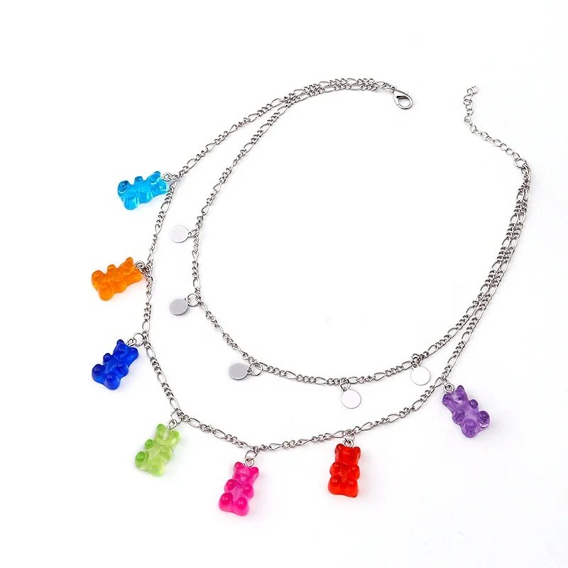 

New Fashion Double Layers disc pendant charms Chain Candy Color Bear Pendant Charm Choker Necklace