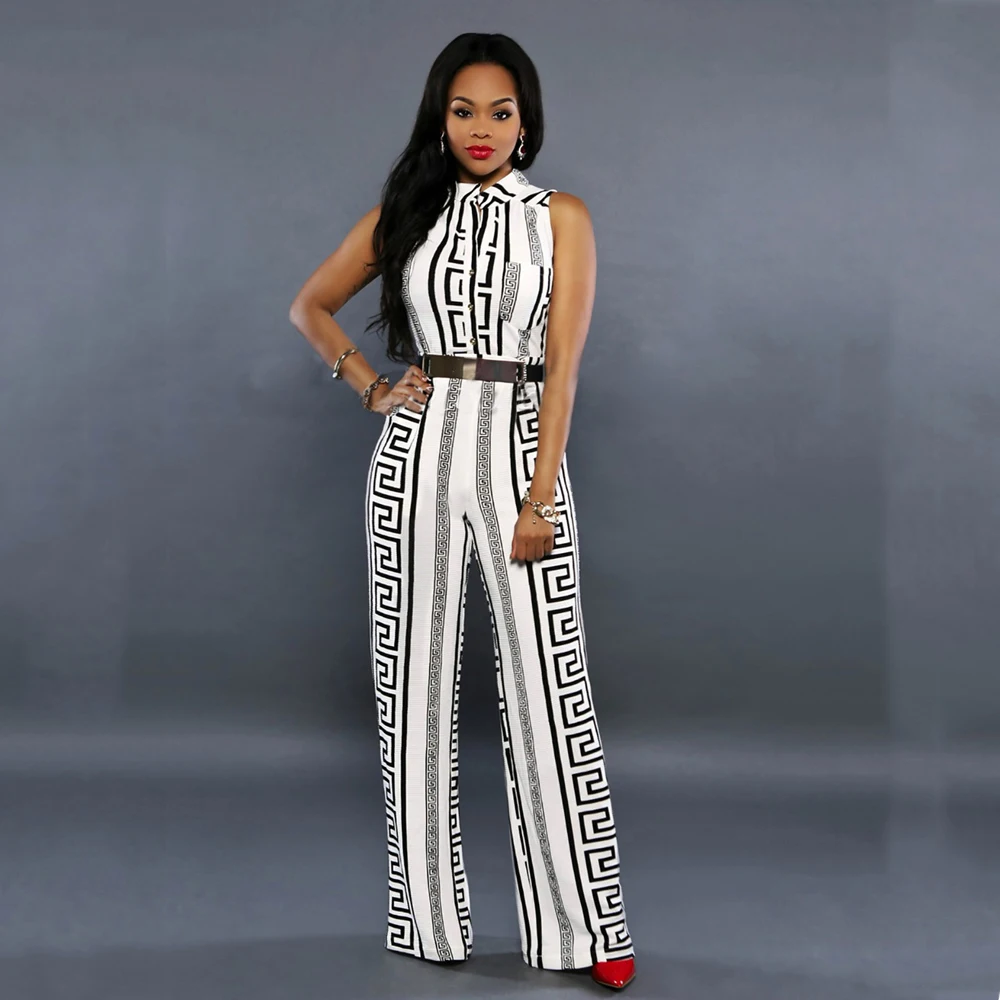 

Brilliant fashion Latest Design Women Sleeveless StripedPrinted Flare Jumpsuit, 2 options