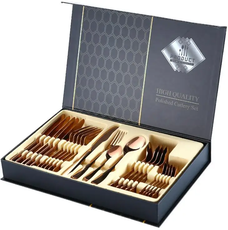 

Promo hot sale stainless steel tableware set with gift box 24 pieces stainless steel tableware dinnerware sets, Rose gold