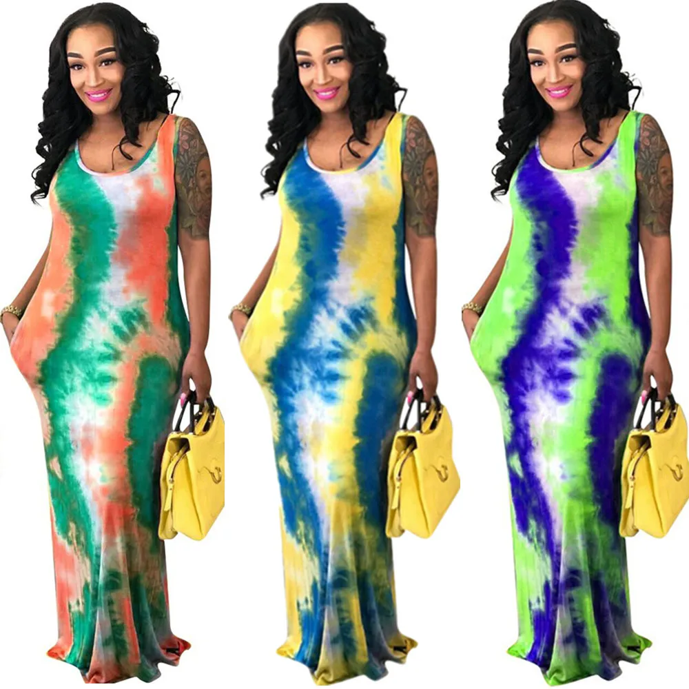 

2020 hot sell FA8113 women fashion tie dye printed long maxi dresses