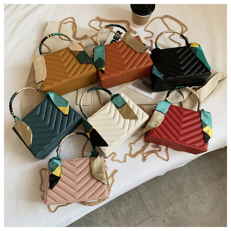 

2021 Hot selling luxury scarf handle pu leather women hand bags ladies solid color crossbody box handbags with chain, 7colors