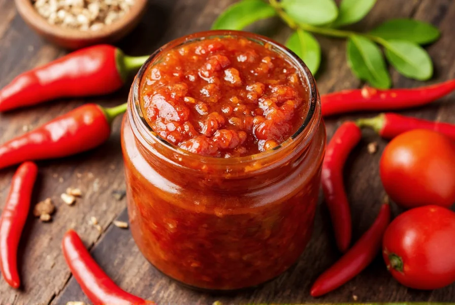 Close-up of homemade chili jam in glass jar with fresh chilies and ingredients surrounding it