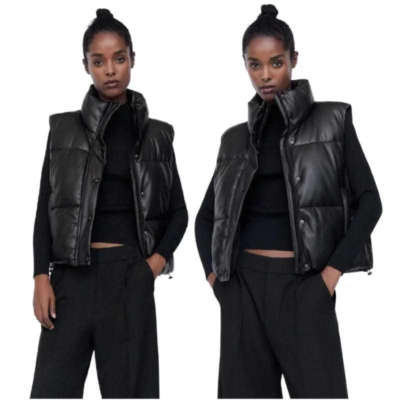 

XS Clothing Bubble Coats Pu Sleeveless Down Jackets Black Puffer Jacket Crop Leather Vest Women, Picture