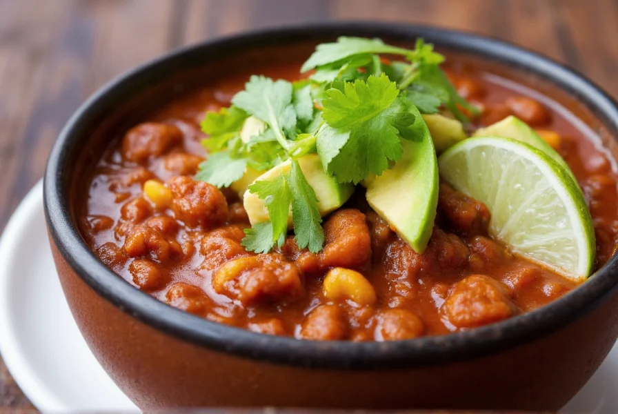 Finished vegetarian chili served in bowl with toppings like avocado, cilantro, and lime