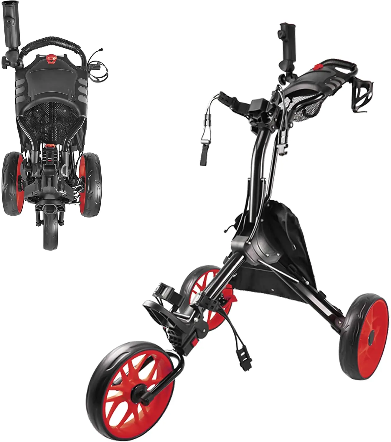 

Aluminium alloy Golf Push Cart Swivel Foldable 3 Wheels Pull Cart Golf Trolley with Umbrella Stand Golf Cart, Black / white / customizable color