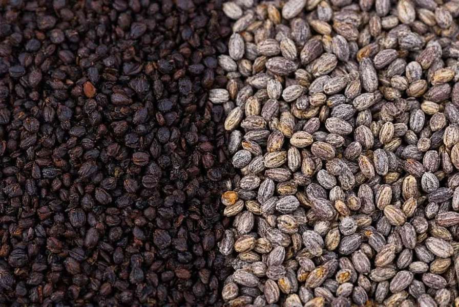 Close-up comparison of nigella seeds and black cumin seeds side by side showing visual differences