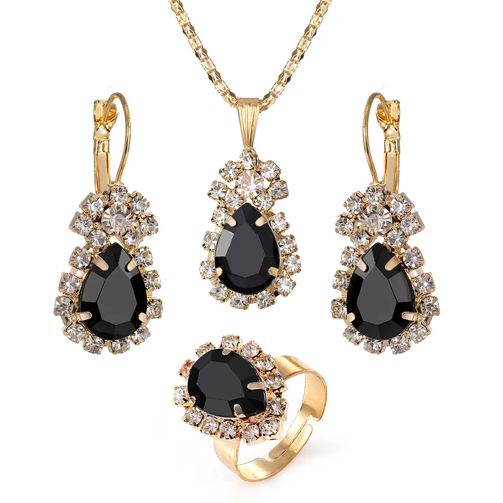 

Fashion Personalized Water Drop Gemstone Luxury Necklace Earrings Rings Set Bridal Jewelry Set