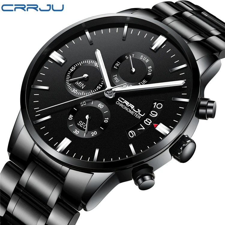 

CRRJU 2222 New Arrival Men's Waterproof Sport WristWatch With Milan Strap Army Chronograph Quartz Heavy Watches Fashion Clock